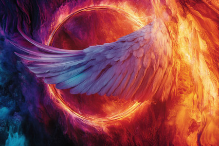 A winged creature is flying over a circle of fire. The image has a surreal and mystical feel to it, with the fire and the winged creature creating a sense of wonder and awe. The colors are vibrantの素材