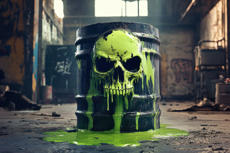 A skull is painted on a barrel of green paint. The skull is surrounded by a green liquid that is dripping from the barrel. The scene is set in a dark, abandoned building with graffiti on the wallsの素材