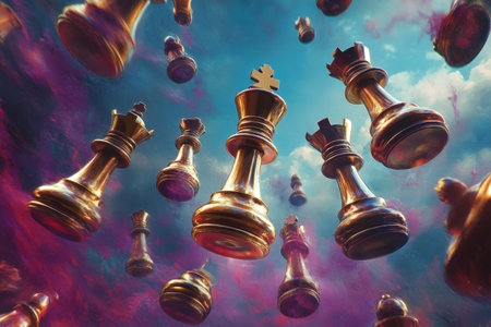 A chessboard with pieces flying through the air. Scene is chaotic and disordered, as the pieces are scattered all over the board. The idea behind the image could be to represent the unpredictabilityの素材