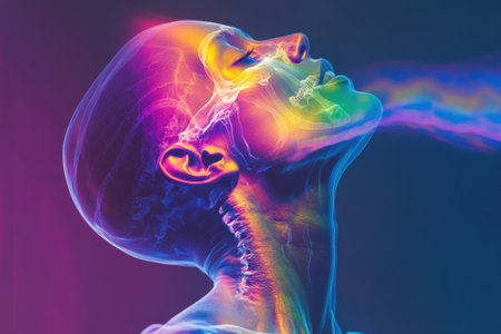 A woman's head is shown in a colorful, glowing light. The image is abstract and surreal, with the woman's face and features distorted and exaggeratedの素材