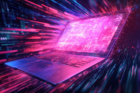 A laptop is shown in a bright pink and purple color with a blue screen. The image has a futuristic and energetic vibe, with the laptop appearing to be in motionの素材