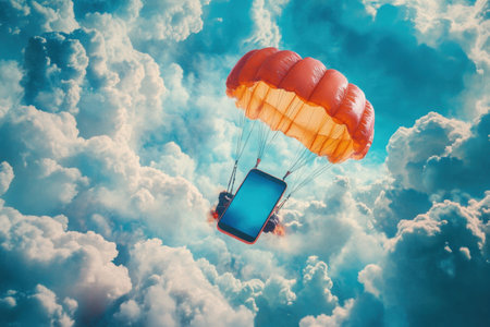 A cell phone is suspended in the air by a red parachute. The image has a whimsical and playful mood, as it seems to be a creativeの素材
