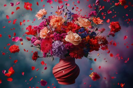 A vase filled with a colorful bouquet of flowers is shown in the air, with petals falling around it. Concept of beauty and freshness, as well as a feeling of fleeting momentsの素材