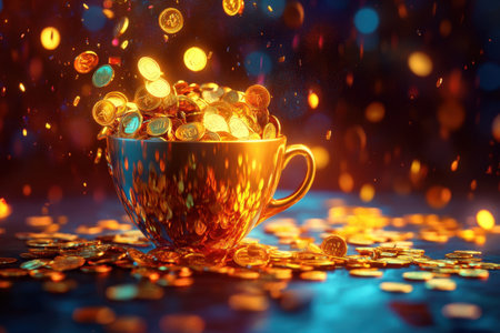 A cup filled with gold coins and a lot of them. The cup is overflowing with coins and the coins are scattered all over the tableの素材