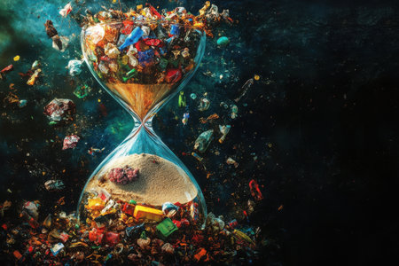 A glass hourglass is filled with trash and debris. Concept of waste and pollution, highlighting the negative impact of human activity on the environmentの素材