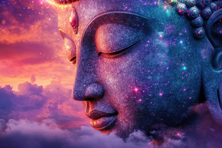 A beautiful face with a starry sky background. The face is serene and peaceful, and the stars in the sky add a sense of wonder and magic to the sceneの素材