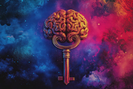 A key is shown in a colorful background with a brain on top of it. The key is described as a "key to the brain" and is surrounded by a cloud of colorful paint. Concept of curiosity and explorationの素材