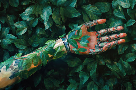 A hand is covered in leaves and has a wristband on it. The hand is made of metal and looks like a robot. The image has a futuristic and mechanical feel to itの素材