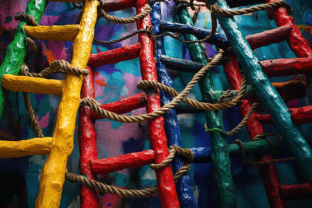 A colorful ladder with ropes tied to it. The ladder is made of wood and is in different colorsの素材