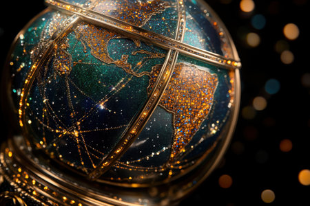 A globe with a gold rim and a blue center. The globe is surrounded by a lot of glitter and has a gold rimの素材