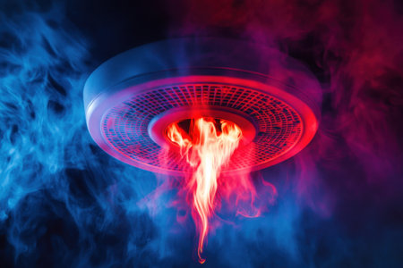 A red and blue fire is coming out of a fan. The fire is surrounded by smoke and steamの素材