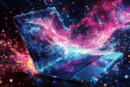 A laptop is open and the screen is displaying a colorful, swirling pattern. Concept of creativity and innovation, as if the laptop is a portal to a world of endless possibilitiesの素材