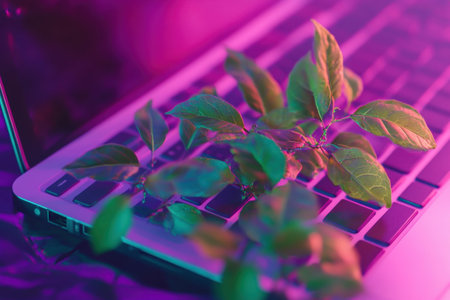 A laptop with a plant growing out of it. The plant is green and has leaves. The laptop is on a tableの素材