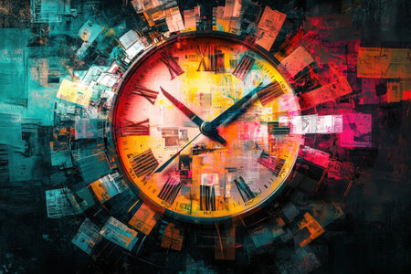 A colorful clock with roman numerals showing the time as 10:30. The clock is surrounded by a collage of different images, giving it a unique and artistic appearance. Scene is one of creativityの素材