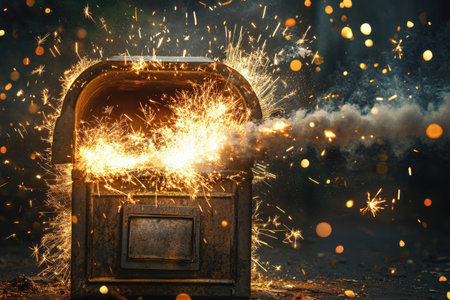 A box is on fire and the sparks are flying out of it. The box is surrounded by a lot of sparks and the fire is spreadingの素材