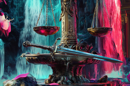 A sword is displayed on a scale in a fantasy setting. The sword is blue and the scale is red and purpleの素材