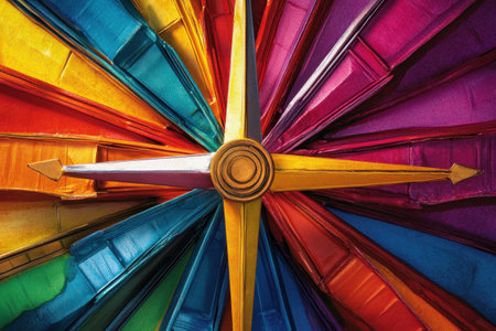 A colorful image of a compass with a yellow center. The compass is surrounded by a rainbow of colors, with each color representing a different direction. Concept of adventure and explorationの素材
