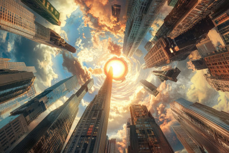 A cityscape with a large sun in the middle of the sky. The sun is surrounded by a ring of clouds, and the buildings are tall and spread out. Scene is one of awe and wonderの素材