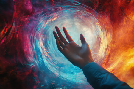 A hand is reaching into a blue and red swirl. The swirl is surrounded by a bright orange and red flame. Concept of wonder and curiosity as the hand reaches into the unknownの素材