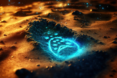 A blue and green footprint on a sandy surface. The footprint is surrounded by a blue and green glow, giving it a mystical and otherworldly appearanceの素材
