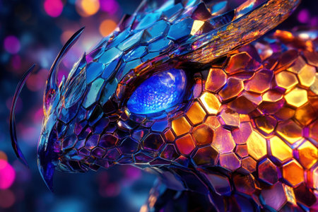A colorful, metallic dragon with blue eyes and a long, pointed snout. The dragon is surrounded by a mosaic of colorful shapes and patterns, giving it a futuristic, otherworldly appearanceの素材