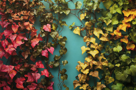 A wall covered in vines of various colors, including red, yellow, and green. The vines are intertwined and cover the entire wall, creating a lush and vibrant appearanceの素材