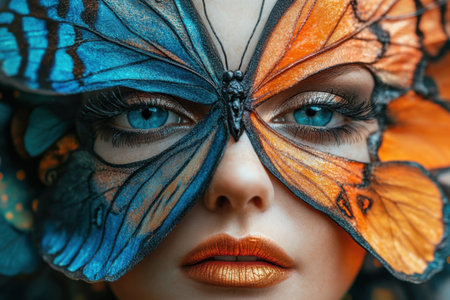 A woman's face is covered by a butterfly mask. The butterfly mask is blue and orange, and it covers the woman's entire face. The woman's eyes are blue, and she has a red lipの素材