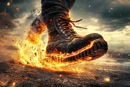 A person's foot is on fire, with the flames shooting up from the sole. The image has a dark and intense mood, with the fire and the person's bare foot creating a sense of danger and urgencyの素材