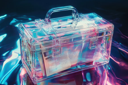 A clear case with a handle and a piece of paper inside. The case is blue and purpleの素材