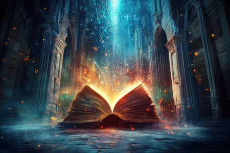 A book is open to a page with a glowing light on it. The book is in a dark room with smoke and fire. Scene is mysterious and magicalの素材
