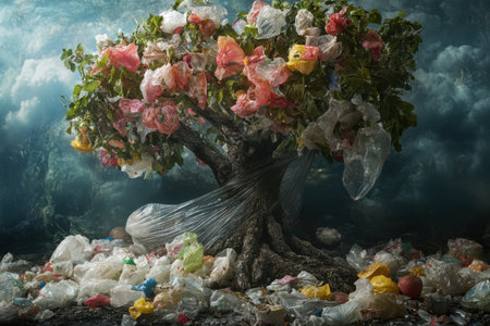 A tree made of plastic bags is surrounded by garbage. Concept of environmental destruction and the impact of human waste on the planetの素材