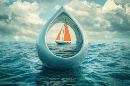 A sailboat is floating in a large, round hole in the water. The boat is orange and white, and it is the only thing in the water. The image has a surreal, dreamlike qualityの素材