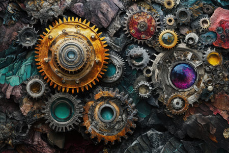 A collection of gears and wheels with a metallic, industrial look. Concept of movement and energy, as if the gears are in motion. The colors and textures of the gears create a visually interestingの素材