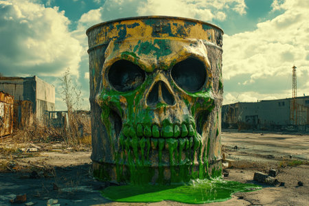 A skull is painted green and is sitting in a large container. The skull is surrounded by a green liquid, which gives the impression of it being alive. The scene is eerie and unsettlingの素材