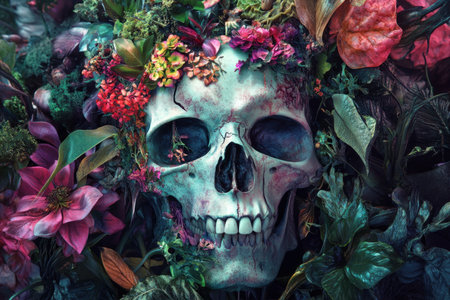 A skull with flowers and leaves on it. The skull is surrounded by a colorful and vibrant gardenの素材