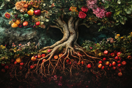 A painting of a tree with apples and flowers. The tree is the main focus of the painting, with the apples and flowers surrounding it. The painting has a vibrant and colorful feel, with the applesの素材