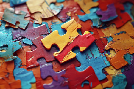 A jigsaw puzzle with a yellow piece in the middle. The puzzle pieces are colorful and scattered all over the imageの素材
