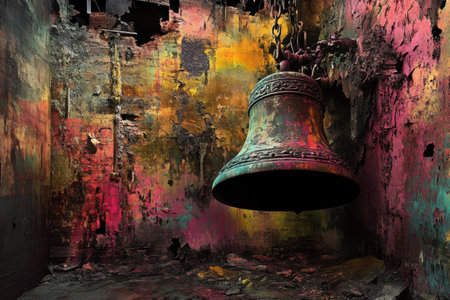 A bell is hanging from the ceiling in a room with colorful walls. The bell is old and rusted, and it is surrounded by a lot of debris and paint. The room has a very chaotic and disorganized appearanceの素材