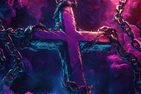A purple and blue cross with chains around it. The chains are in the background and the cross is in the foregroundの素材