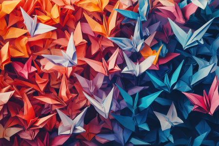 A colorful array of origami birds in various shades of red, blue, and yellow. The birds are arranged in a way that creates a sense of movement and energy. Scene is lively and playfulの素材