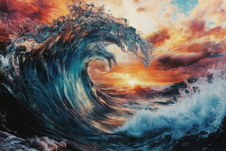 A large wave is crashing into the ocean, with the sun setting in the background. The colors of the sky are orange and pink, creating a serene and peaceful atmosphere. The water is a deep blueの素材