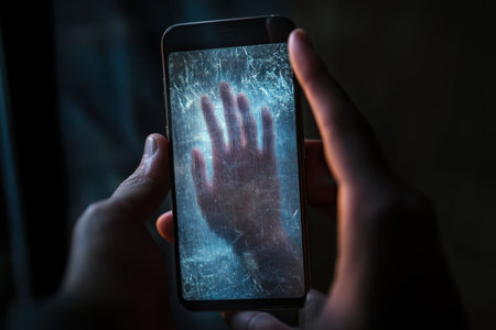 A person is holding a cell phone with a hand on the screen. The hand is partially visible, and the image appears to be blurry. Scene is eerie and unsettlingの素材