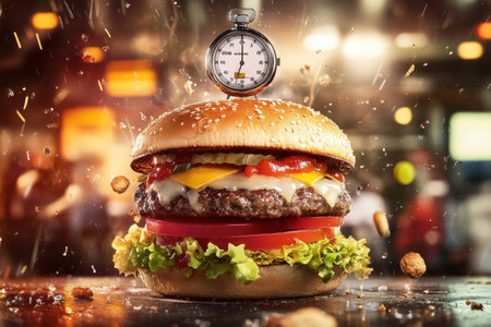 A burger with a clock on top of it. The clock is showing the time as 11:55の素材