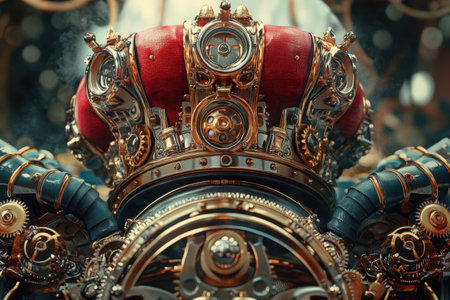 A crown with gears and a blue crystal in the center. The crown is surrounded by clouds and has a dark, ominous moodの素材