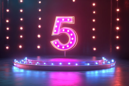 A stage with a large pink number 5 lit up on it. The stage is lit up with bright lights and the number 5 is the center of attentionの素材