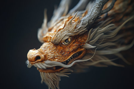 A dragon with a menacing look on its face. The dragon has a long, pointed snout and a large, menacing eye. The dragon's long, flowing hair and horns give it an otherworldly appearanceの素材