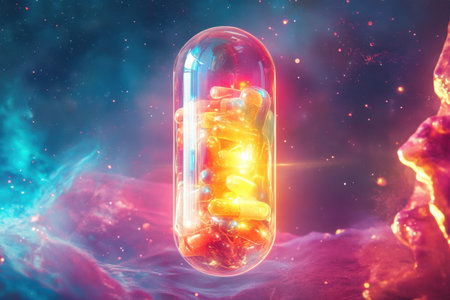 A pill is flying through space with a bright orange glow. The pill is surrounded by a colorful, swirling vortex of light. Concept of energy and excitementの素材