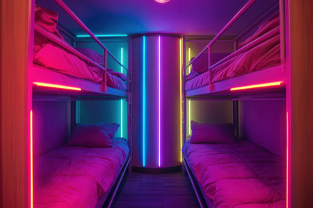 A colorful bed with neon lights on the ladder. The bed is made with a red comforter and pillowsの素材