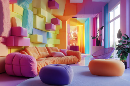 A colorful room with a blue couch and a red chair. The room is full of bright colors and has a tropical feelの素材