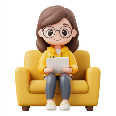 A girl is sitting on a couch reading a book. She is wearing glasses and a yellow sweaterの素材